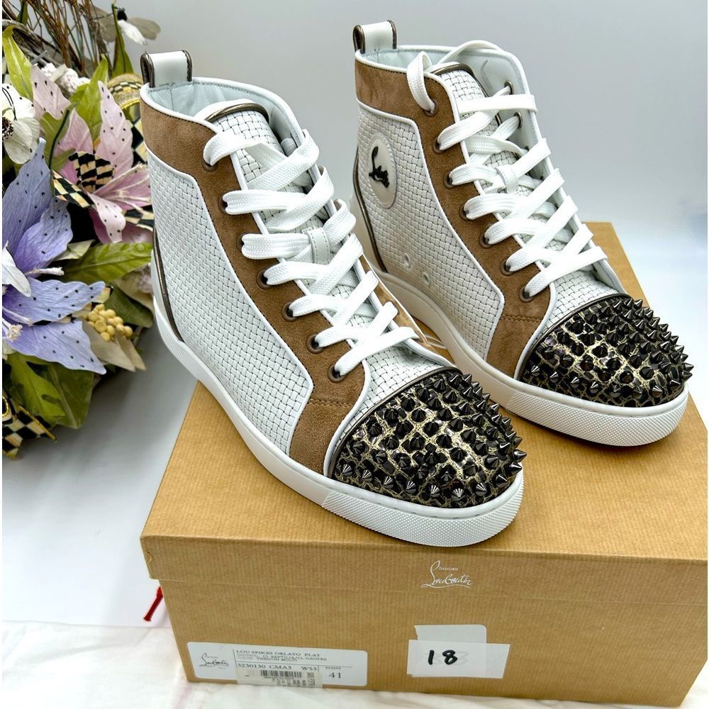 Christian Louboutin White and Brown Spiked High-Tops